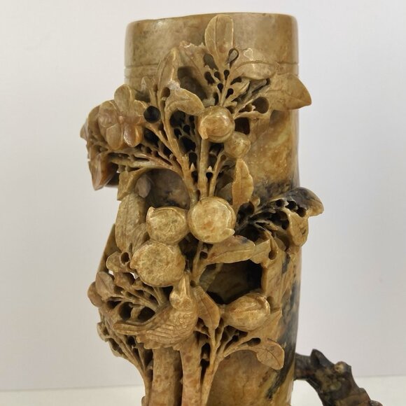 Vtg *Flawed* 9” Hand Carved Flower Bird Vase Natural Soapstone Golden Honey Tree - Picture 3 of 16